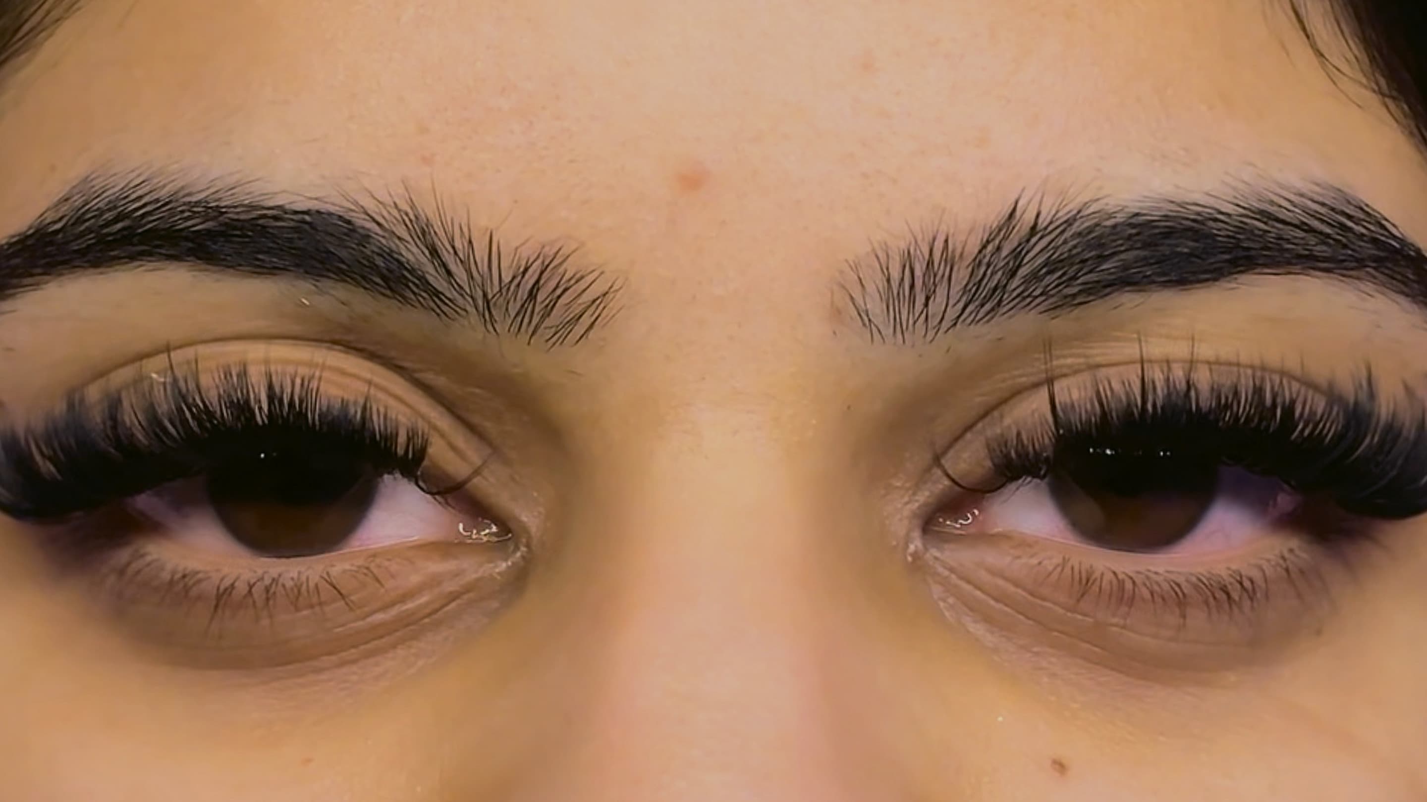 Close-up of a client's eye with a full lash set by Lashout
