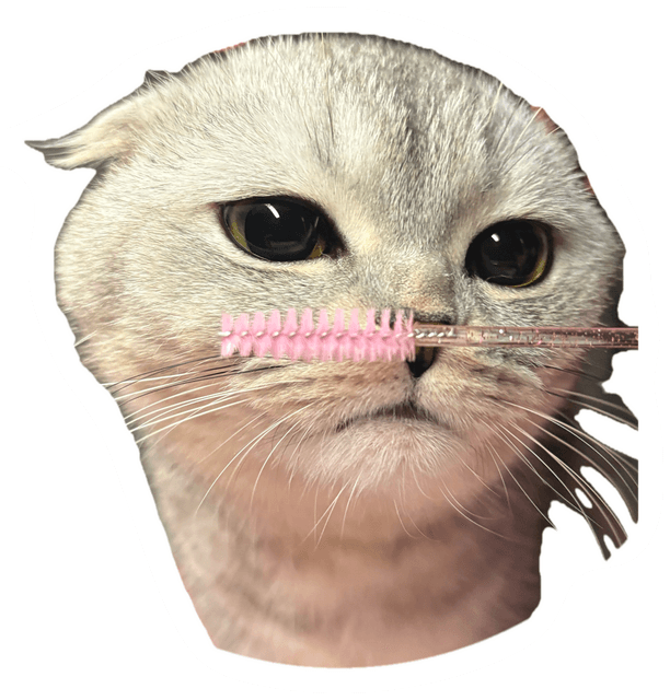 Sticker of Mochi, Sarah's cat, with a pink lash wand